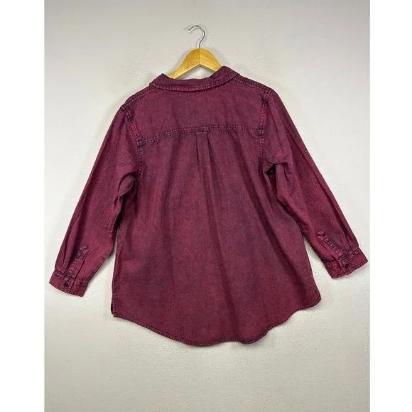 Acid Wash Joan Rivers Womens LP Burgundy Cotton Button Down Pocket Shirt Top - Picture 2 of 11